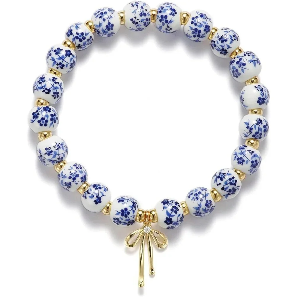 Beads Bow Charm Bracelet for Women - Handmade Flower Vintage Stretch Jewelry